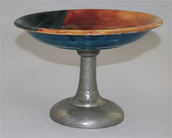 A William Moorcroft Eventide pattern Tudric pewter footed dish, 1920s, 15cm, restorations